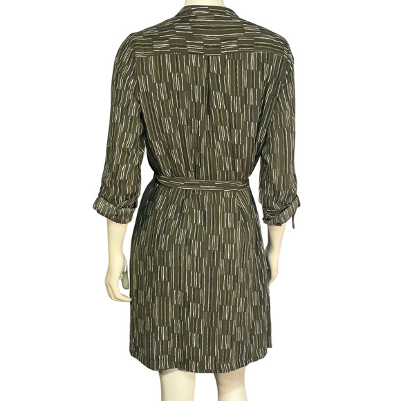 Apt. 9 Sz M Shirt Dress with Belt Roll Tab Sleeves Above-Knee Mod Olive Stripes - Picture 4 of 12
